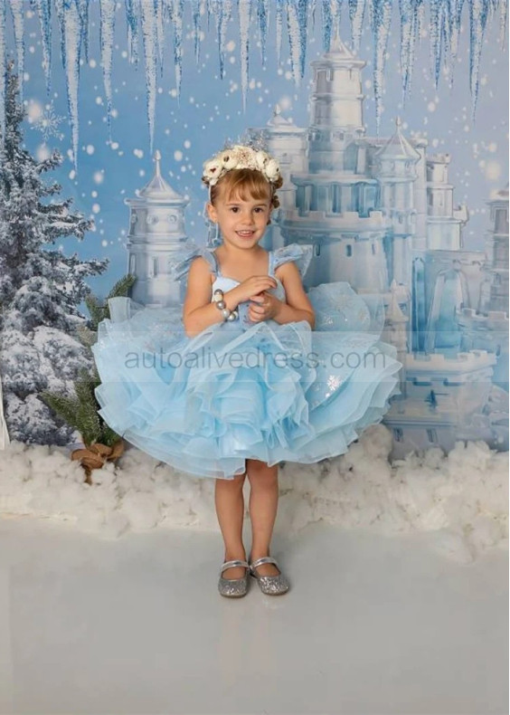 Light Blue Organza Frozen Lace Up Back Flower Girl Dress